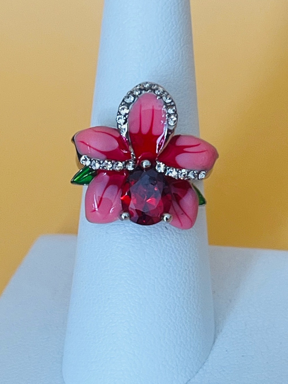Silver  925 enamel flower ring, large red CZ stone in center